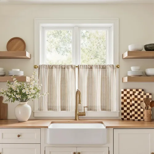 Vista 67 de Jinchan - Cortinas de lino a rayas para cocina, 24 pulgadas, beige, 2