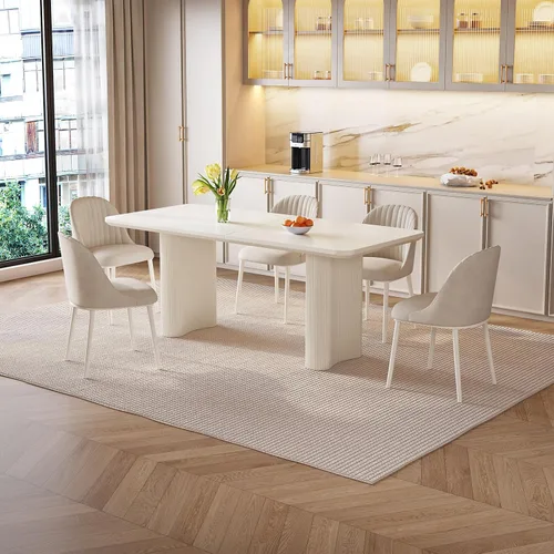 Vista 9 de Mesa de Comedor Rectangular de 63" con 6 Sillas, Mesa de Cocina Moderna Blanca con Juego de Sillas para Sala de Estar, Comedor y Cocina Blanco-A