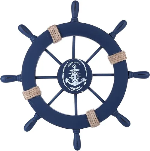 Vista 10 de Rienar Timón de barco náutico de madera para la playa con red de pesca y concha de pescado para decoración de pared en el hogar (27.9 cm de diámetro)