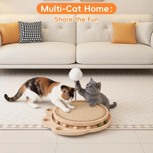 Vista 7 de Tablero rascador 3 en 1 para gatos y centro de actividades con almohadilla rascador de sisal, pista de bolas y juguete de resorte, muebles