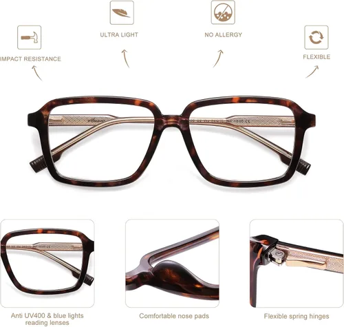 Vista 6 de AMOMOMA Paquete de 2 lentes de lectura retro para mujeres y hombres, marco rectangular para lector de computadora con luz azul AM6198