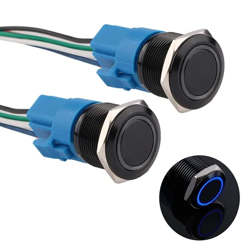 Vista 15 de Interruptor de botón con cierre de 0.630 in, anillo 3A, LED, 12V-24V, interruptor de botón de metal negro, carcasa de aluminio autobloqueante