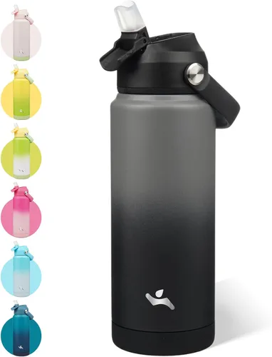 Vista 24 de Konokyo - Botella de agua deportiva aislada de acero inoxidable de 18 onzas con tapa con popote Black; BPA-free, leak-proof sports bottle with