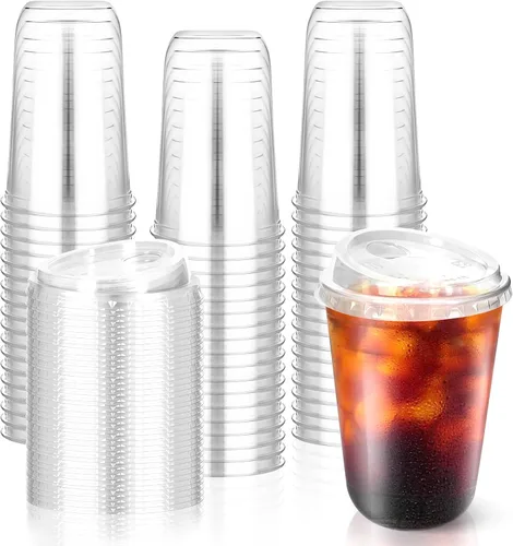 Vista 8 de 50 piezas de vasos de plástico para café con tapas con asa, vasos desechables de plástico PET transparente con tapas sin pajita para café helado