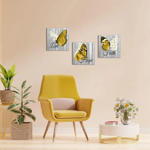 Vista 5 de Artsbay Butt- Arte de pared con margaritas amarillas, decoración del hogar, citas inspiradoras, pintura en lienzo para dormitorio, sala de estar
