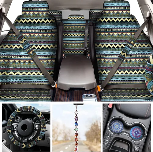Vista 3 de Frienda 14 piezas de fundas para asientos de coche, juego completo multicolor con estampado de rayas estilo boho, funda para volante, funda