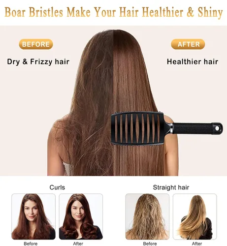 Vista 2 de KTKUDY Cepillo para desenredar con cerdas de jabalí, cepillo para hacer el cabello más brillante y saludable, cepillo desenredante curvo y ventilado