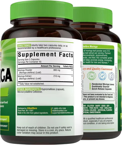 Vista 8 de Vitalibre Moringa 1,010 mg, potencia máxima, superalimento verde completo, rico en antioxidantes, sin gluten ni cafeína, sin OMG, energía, inmune