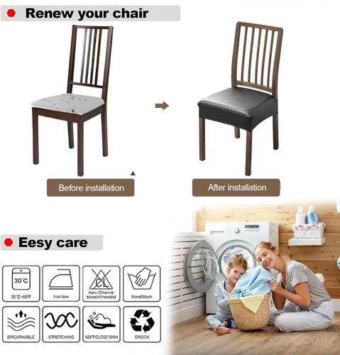 Vista 6 de FUANGUI Fundas para Silla de Comedor, Juego de 2, de PU de Cuero Elástico Resistente al Agua, Fundas Deslizables para Asiento de Silla Suave