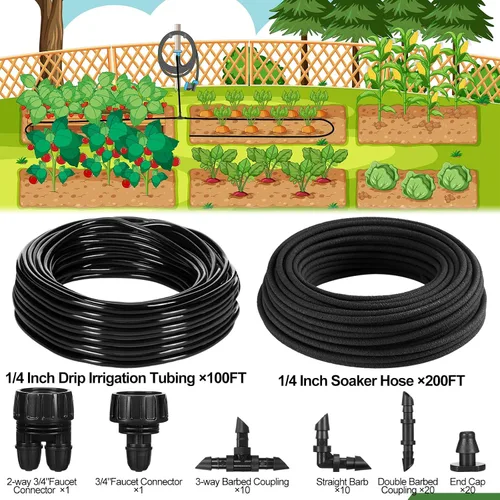 Vista 2 de Kit de sistema de riego por goteo, sistema de riego de jardín, manguera de remojo de 200 pies y 1/4 de pulgada, tubo de riego por goteo de 100 pies
