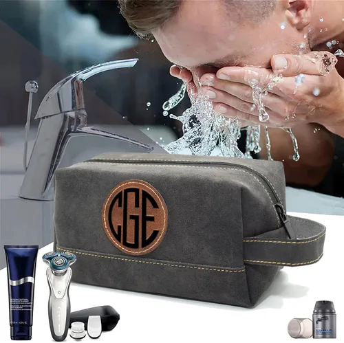 Vista 2 de Paquete de 2 bolsas de aseo personalizadas para hombres hechas a mano, kit de cuero personalizado para hombres, regalos personalizados para hombres