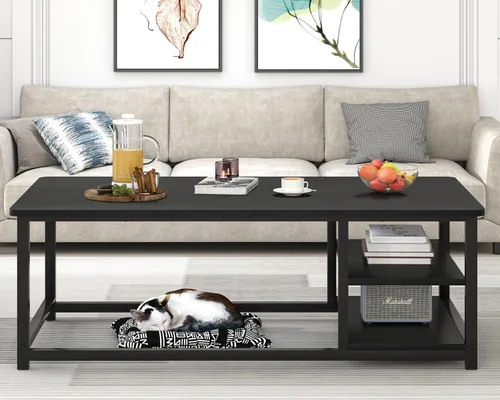 Vista 3 de EXCEFUR Mesa de centro negra, mesa de sala de estar de madera rústica con estante de almacenamiento, mesa central rectangular moderna, 47 pulgadas