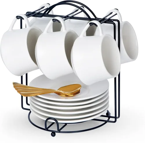 Vista 8 de Lareina Juego de 6 tazas de café de porcelana de 3 onzas, tazas de café apilables con platillos, cucharas y soporte de metal, tazas de cerámica