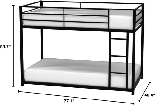 Vista 2 de Litera de metal bajo para niños, con escalera incorporada, barandilla alta y listones de metal, litera inferior de cama de suelo, no requiere Negro