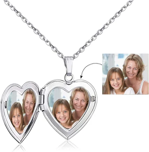 Vista 3 de KunBead Collar con dije de corazón con inicial para mujer con piedra natal que sostiene fotos para la familia, Metal, vidrio