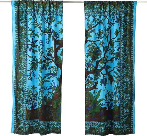 Vista 2 de Popular Handicrafts Paneles de Cortina Mandala Tie Dye del Hermoso Árbol de la Vida Hippie Bohemio Indio Turquesa