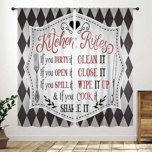 Vista 16 de Cortinas de cocina rústicas, color negro y blanco, tablón de madera con cuchillo y cuchara para barra, bolsillo para barra, tratamiento de ventana