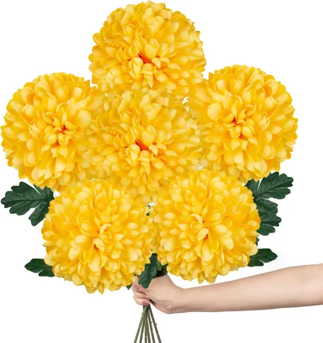 Vista 8 de Briful 12 tallos artificiales de crisantemo negro – Cabezas de flores de seda de 11 pulgadas de alto con hojas verdes, tallos flexibles