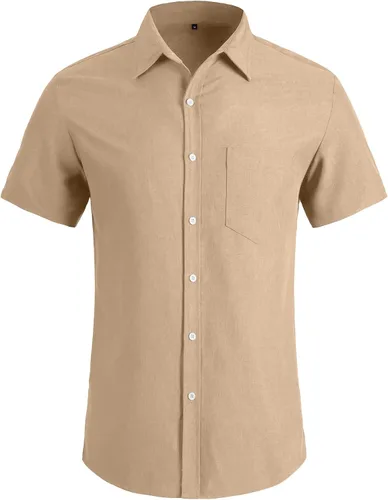 Vista 2 de YTD Men's Casual Linen Button Down Shirt Short Sleeve Beach Shirt