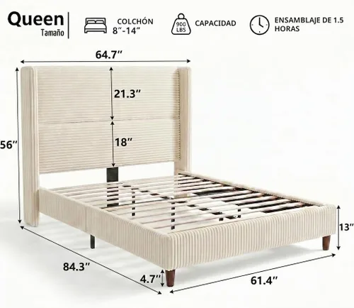Vista 2 de WEUP Base de cama tamaño Queen con cabecera de pana de 56 pulgadas, color crema