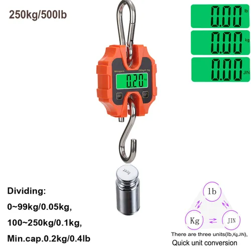 Vista 2 de Báscula colgante digital portátil resistente para grúa de 551.2 lbs, 500 libras, 2 pilas AAA (no incluidas)