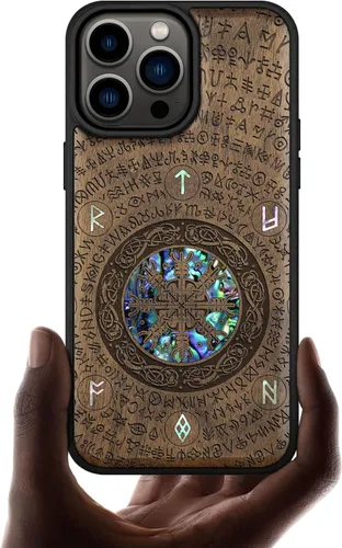 Vista 15 de Carveit Funda magnética de madera de diseñador para iPhone 14 Pro Max, grabado en madera e incrustaciones de concha, funda de madera única