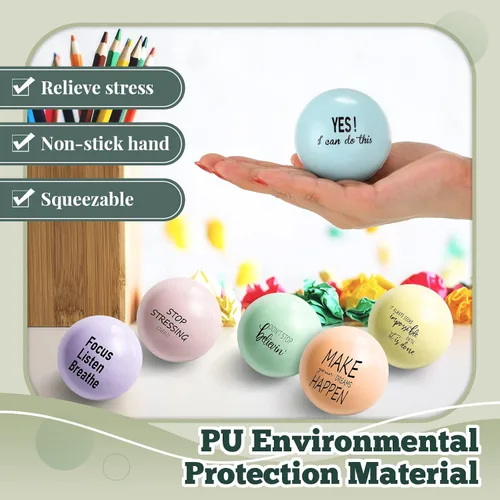 Vista 6 de Skylety 6 bolas motivacionales para el estrés de 2.5 pulgadas para adultos, bolas de espuma colorida para ejercicio de mano con citas inspiradoras