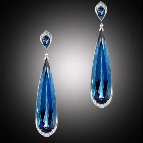 Vista 5 de Pendientes largos de cristal azul con forma de pera, diseño de gancho, estilo bohemio, joyería hecha a mano, excelente libro de moda