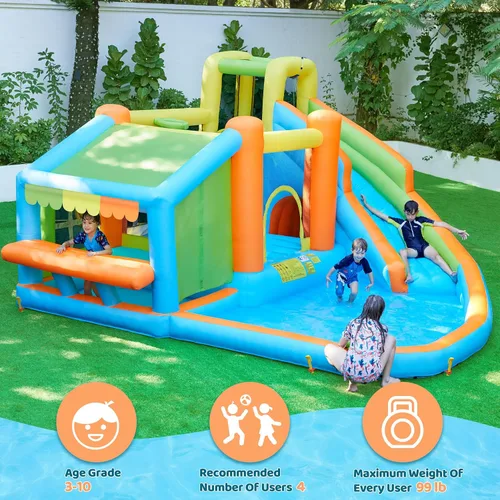 Vista 4 de Yaheetech - Castillo inflable de rebote para niños de 3 a 10 años W/ Splash Pool, Toy Market Stand, Bouncer Area, Slide, Climbing Wall, Storage