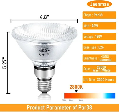 Vista 3 de Bombillas Halógenas PAR38 de Luz de Inundación 90W 120V, 2 piezas Bombillas Halógenas PAR38 con Base E26, 2800K Blanco Cálido, 4050 Lúmenes