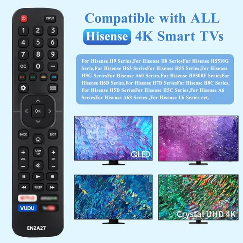 Vista 2 de Mando a distancia de repuesto universal para televisor Hisense, compatible con todos los televisores inteligentes Hisense 4K UHD Android, sin
