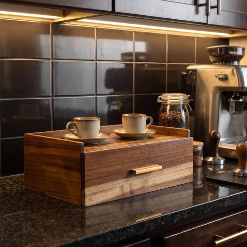 Vista 5 de Caja de té de madera de acacia con 8 compartimentos y cajón