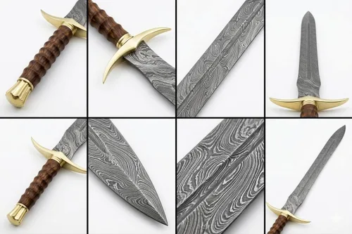 Vista 2 de Espada Vikinga de Damasco Hecha a Mano de 38 Pulgadas Real Medieval LARP Cosplay Nórdico Accesorios de Espadas con Vaina de Cuero Mango