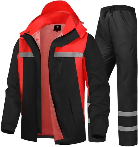 Vista 10 de Traje de lluvia para hombre, de alta visibilidad, reflectante, para trabajo, chaqueta de lluvia, pantalones para todos los deportes, granja, pesca