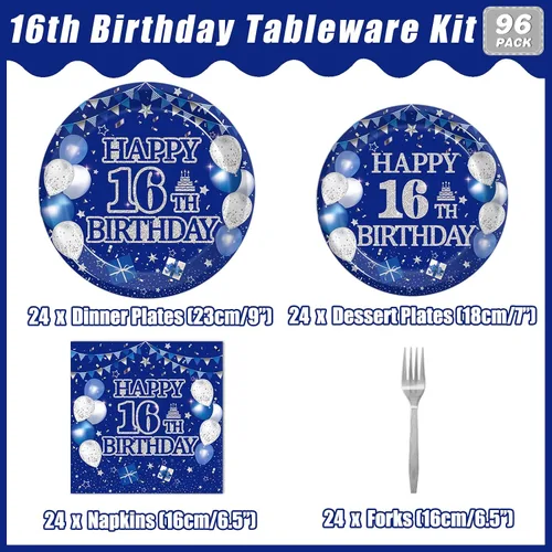 Vista 2 de Kepeel Juego de vajilla de 96 piezas para fiesta de 16º cumpleaños, decoraciones y suministros azul y plateado Feliz 16º Cumpleaños para niños