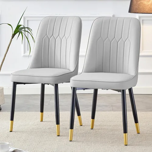 Vista 25 de Juego de 2 sillas de comedor modernas, color negro, sillas de cocina de piel sintética, sillas laterales tapizadas con patas de metal, sillas sin