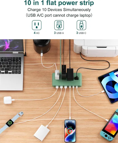Vista 3 de Regleta de alimentación de enchufe plano 10 en 1 con USB C, estación de carga rápida PD20W con 4 salidas y 6 puertos USB