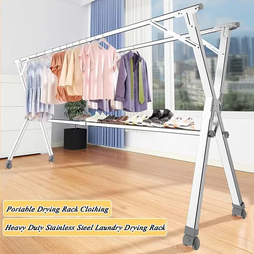 Vista 2 de Laundry Drying Rack Floor Stainless Steel Clothes Drying Rack Foldable Adjustable Large Garment Laundry Racks Portable Clothing Balcony