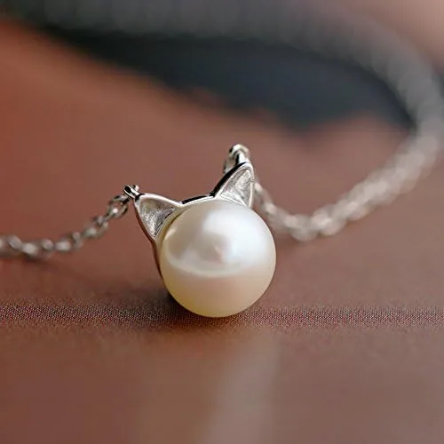 Vista 3 de S.Leaf Sterling Silver Cat Necklace Freshwater Cultured Pearl Cat Collarbone Charm Necklace