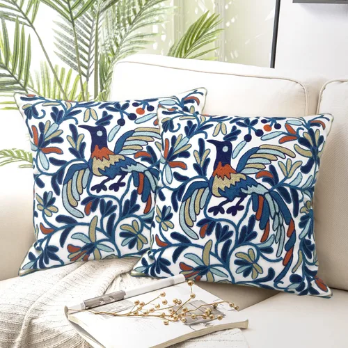 Vista 5 de Alysheer Juego de 2 fundas de almohada bordadas decorativas de verano de 18 x 18 pulgadas, funda de cojín de algodón con patrón de bordado de pájaro