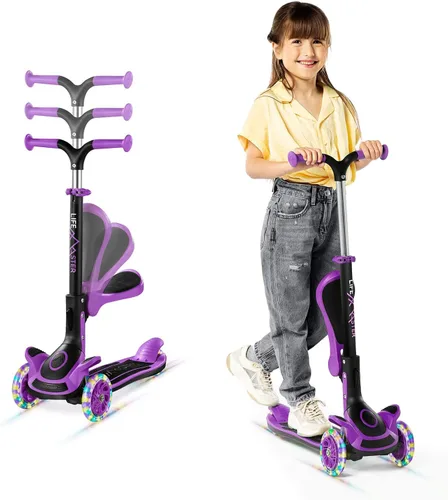 Vista 17 de Scooter de 3 ruedas para niños con asiento plegable, altura ajustable del manubrio, juguete de paseo inclinado para conducir para niños a partir