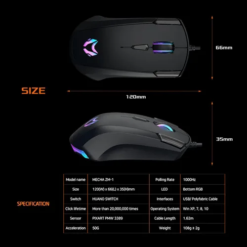 Vista 9 de Mecha ZM-1 - Ratón de computadora con cable RGB control DPI ajustable hasta 16 K sensor óptico PMW 3389 6 botones de programa interruptor Huano 7