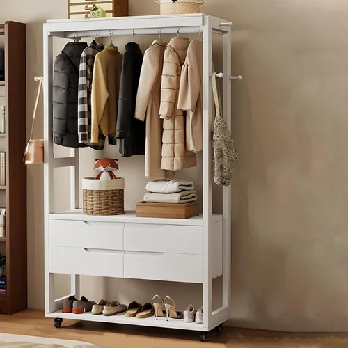 Vista 11 de Perchero de madera maciza, perchero móvil de 360°, perchero de gran capacidad con 4 cajones y un zapatero, perchero para entrada, dormitorio
