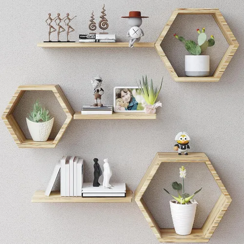 Vista 11 de Estantes flotantes hexagonales de madera para montar en la pared, juego de 6 estantes hexagonales de madera de pino para fotos, plantas, estantes