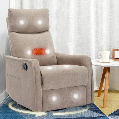 Vista 14 de cinkehome Silla Reclinable Giratoria Mecedora con Masaje Térmico, Sillas Reclinables Mecedoras para Guardería, Espacios Pequeños, Respaldo Alto