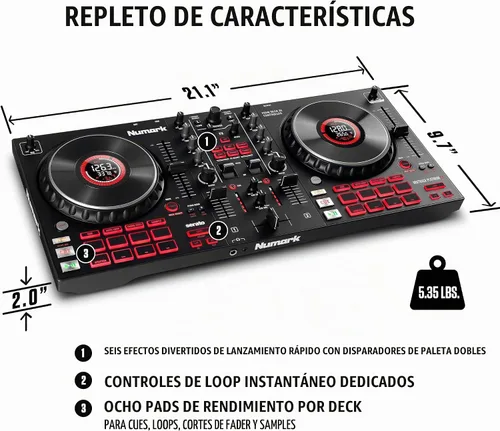 Vista 5 de Numark Mixtrack Platinum FX Controlador para DJ, para Serato DJ, con control de 4 cubiertas, mezclador, interfaz de audio incorporada, rueda