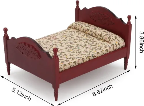 Vista 9 de Muebles en miniatura para casa de muñecas, cama de madera con tela, colchón y almohada, escala 1/12, decoración de muebles para casa de muñecas