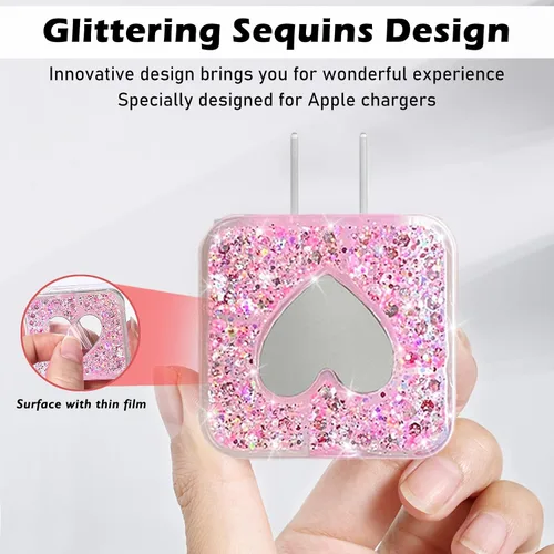 Vista 3 de Protector de cable compatible con cargador de iPhone de Apple con espejo, bonito diseño de corazón de amor con purpurina, funda USB de línea