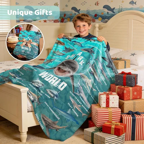Vista 6 de Manta de regalo de tiburón para niños, niñas y amantes de los tiburones, súper suave, ligera y cálida para sala de juegos, cama y campamento, 30 x