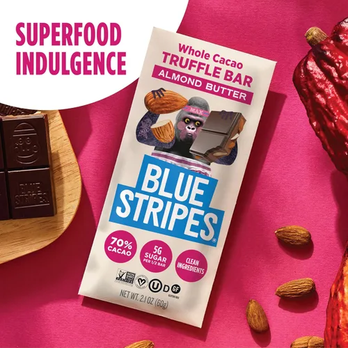 Vista 6 de Blue Stripes - Barras de Chocolate de Trufa de Cacao Entero con Mantequilla de Almendras, 70% Cacao, Mantequilla de Almendras, Chocolate Saludable
